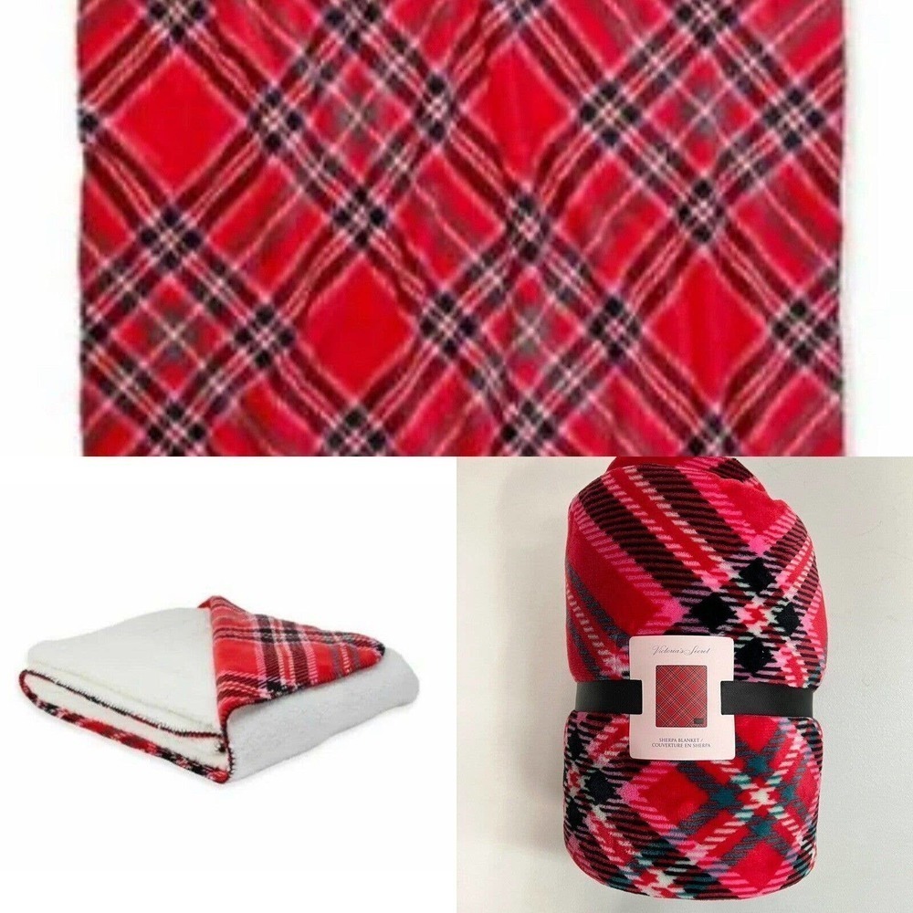Victorias Secret Cozy Plush Fleece Plaid Sherpa Blanket Pink MSRP $68 50x60 New